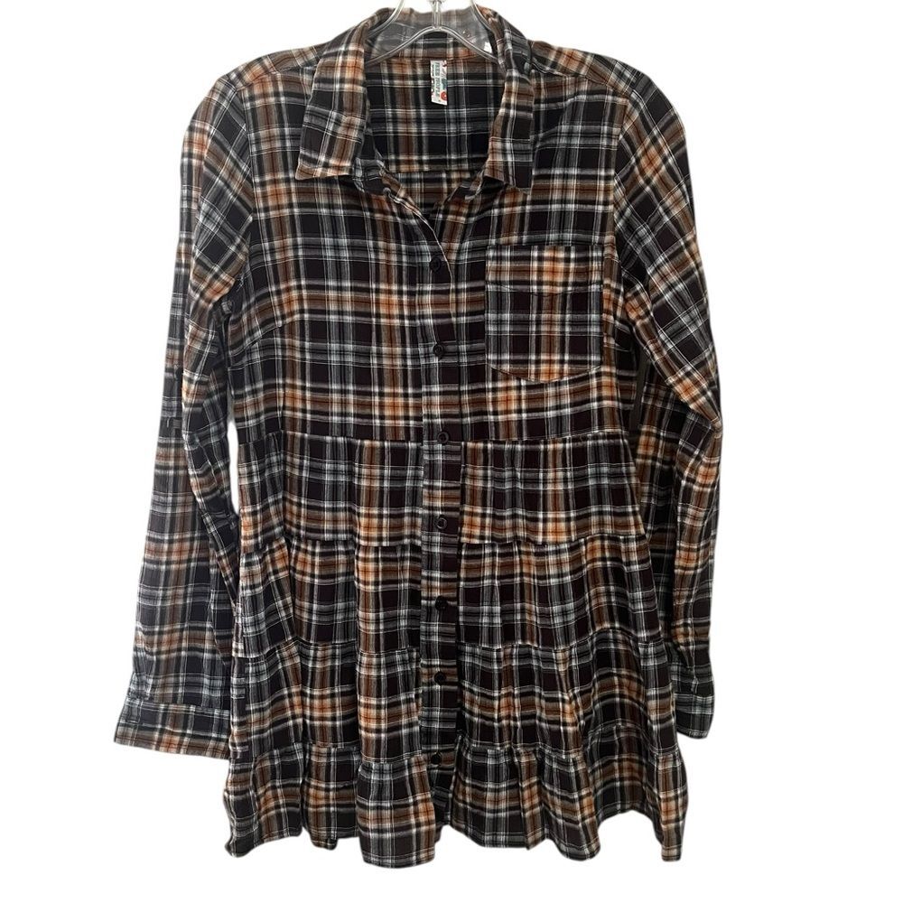 Free People Plaid Button Down Long Top Shirt Peplum Hem Lightweight Small